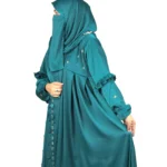 Teal Wave peacock teal abaya front three-quarter view with ruffled tiered sleeves and scattered gold flowers