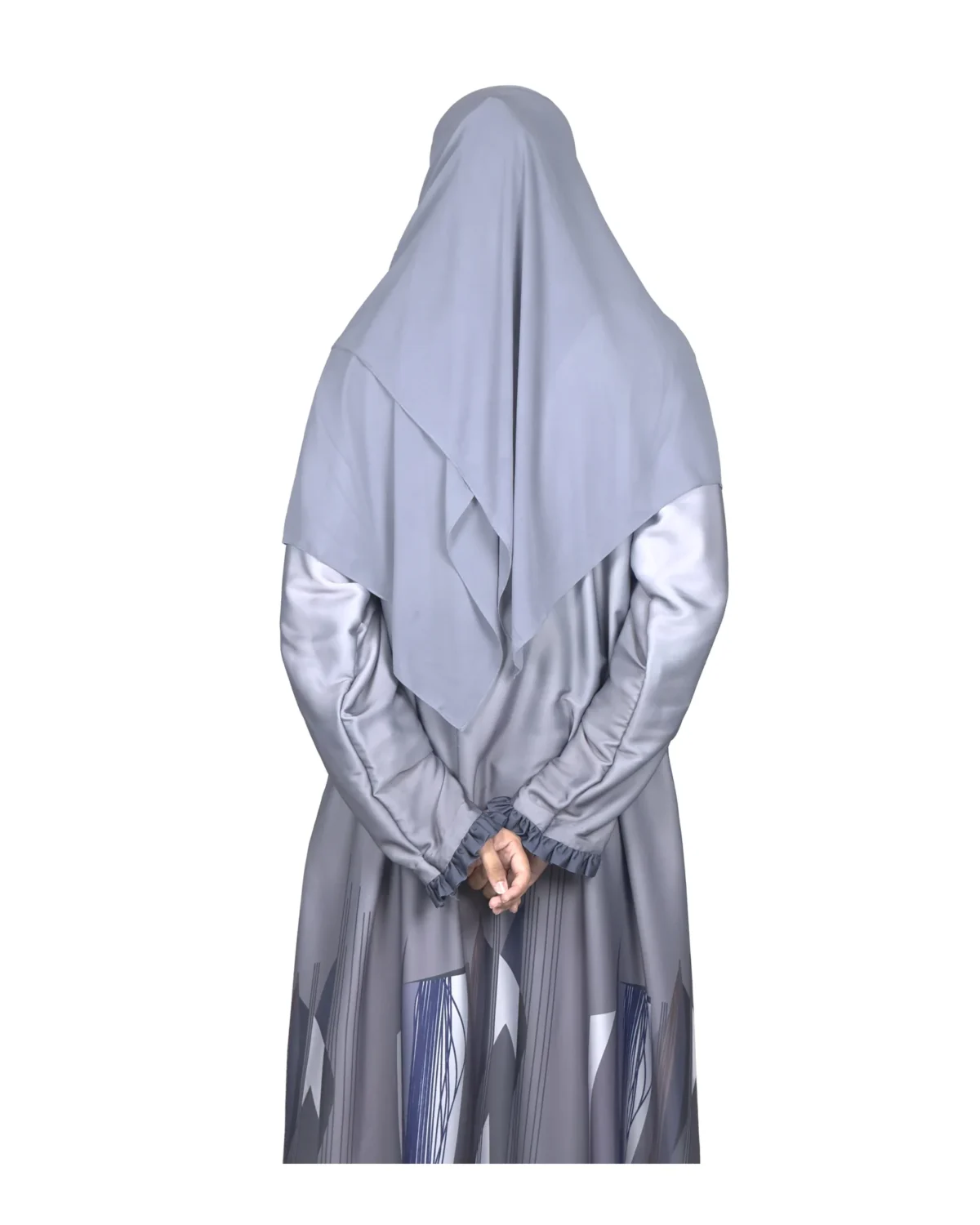 Winter Frost grey ombré abaya back view with grey ombré with an abstract geometric hem print