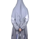 Winter Frost grey ombré abaya back view with grey ombré with an abstract geometric hem print