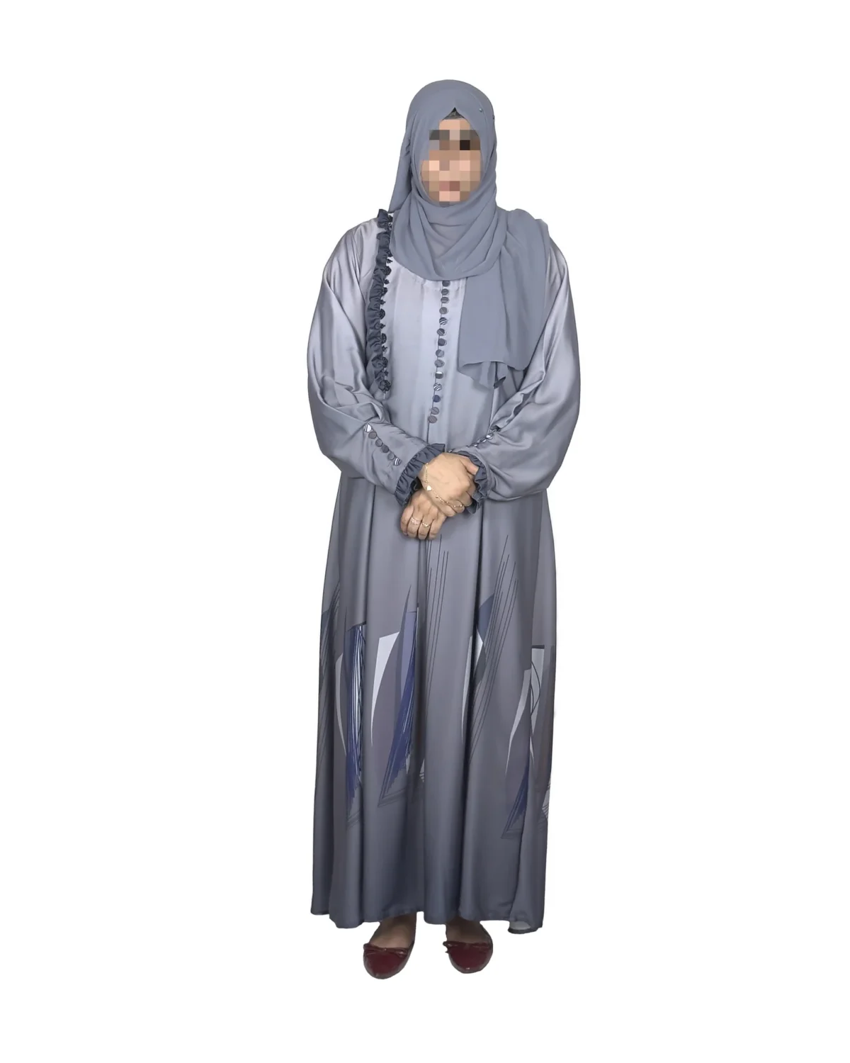 Winter Frost grey ombré abaya front view with grey ombré with an abstract geometric hem print