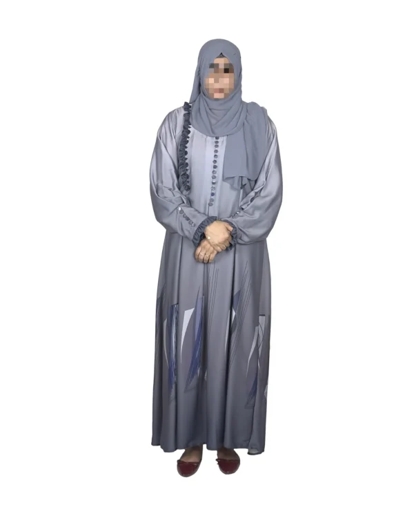 Winter Frost grey ombré abaya front view with grey ombré with an abstract geometric hem print