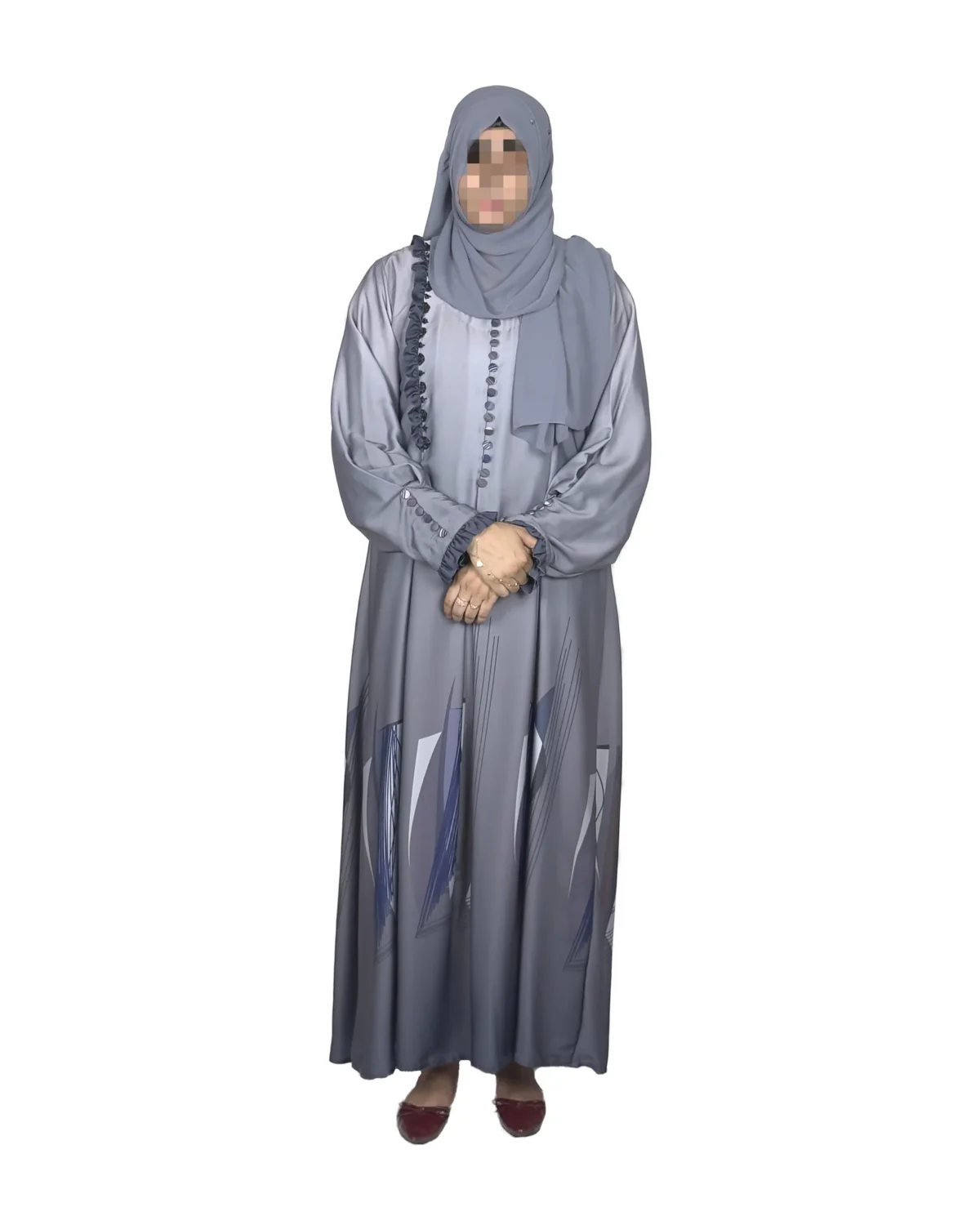 Winter Frost grey ombré abaya front view with grey ombré with an abstract geometric hem print