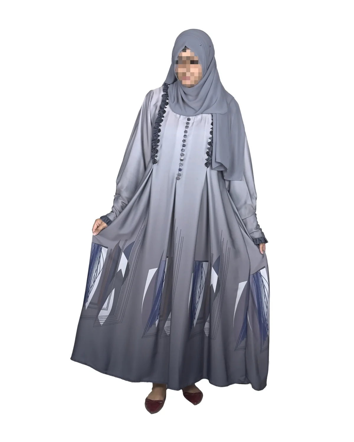 Winter Frost grey ombré abaya front view with grey ombré with an abstract geometric hem print