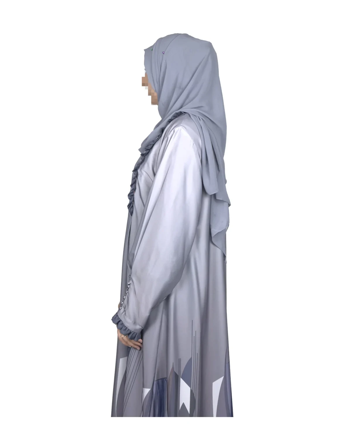 Winter Frost grey ombré abaya side profile view with grey ombré with an abstract geometric hem print