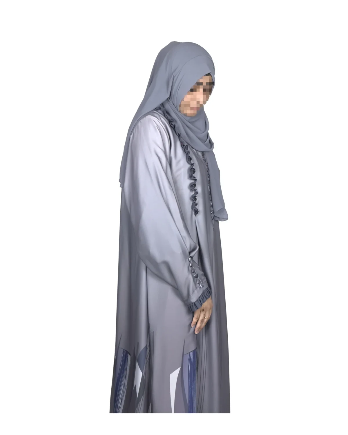 Winter Frost grey ombré abaya front three-quarter view with grey ombré with an abstract geometric hem print